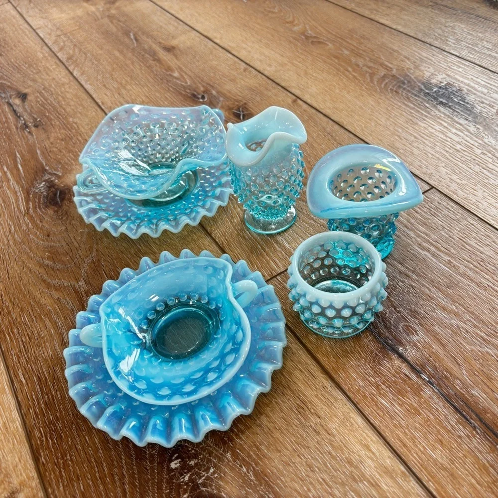 VTG Fenton Blue Opalescent Hobnail 7 pc lot Trinket Candy Dishes Votive Bud Vase